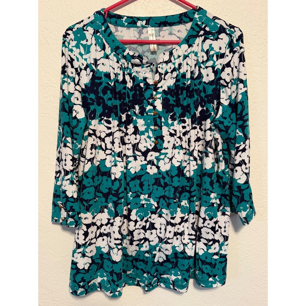 Perception Concept Floral Henley Blouse Teal Navy White XL 3/4 Sleeve Pleated
